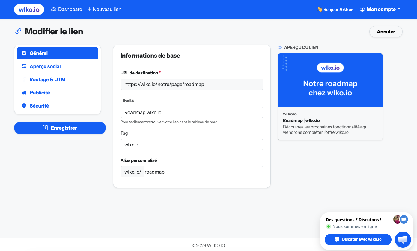 Interface de gestion des liens wlko.io